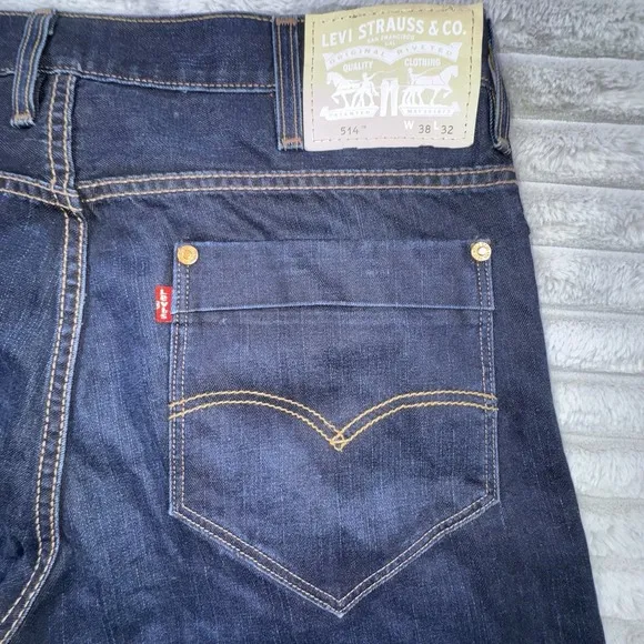 Levi's 514‎ Straight Wide Leg Jeans 38x32 Midnight Blue Denim Faux Flap Pockets