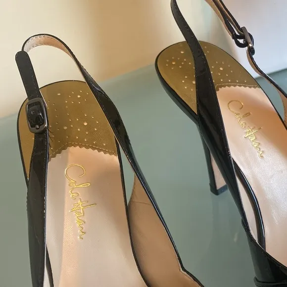 Like NEW Cole Haan Black Patent Leather Peep Toe Platform Sling-backs Size 9