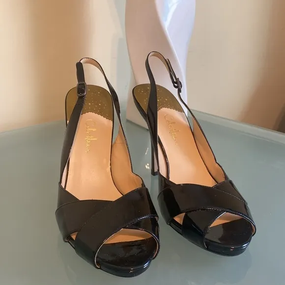 Like NEW Cole Haan Black Patent Leather Peep Toe Platform Sling-backs Size 9