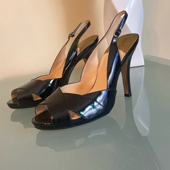 Like NEW Cole Haan Black Patent Leather Peep Toe Platform Sling-backs Size 9