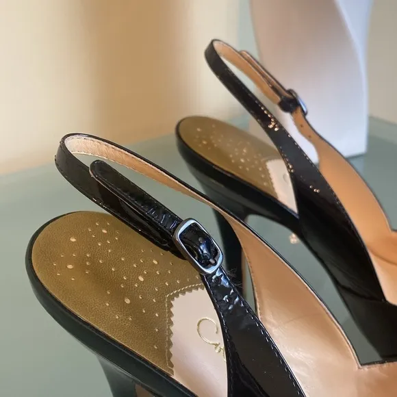 Like NEW Cole Haan Black Patent Leather Peep Toe Platform Sling-backs Size 9
