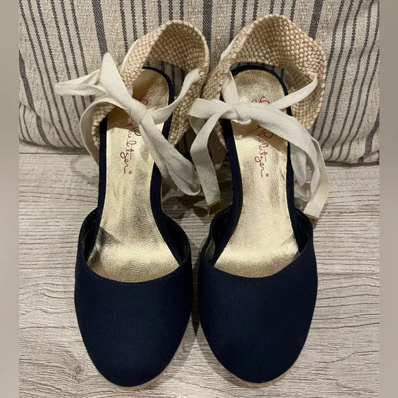 LILLY PULITZER Kate Espadrille Wedge Sandals - Size 6.5 - Navy - Summer Shoes