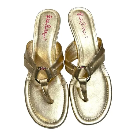 Lilly Pulitzer McKim Wedge Sandals Espadrilles Gold Metallic Flip Flops 8.5 M
