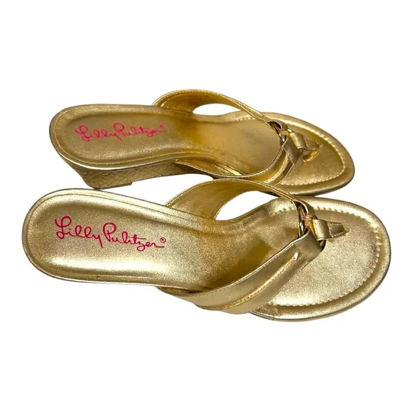 Lilly Pulitzer McKim Wedge Sandals Espadrilles Gold Metallic Flip Flops 8.5 M