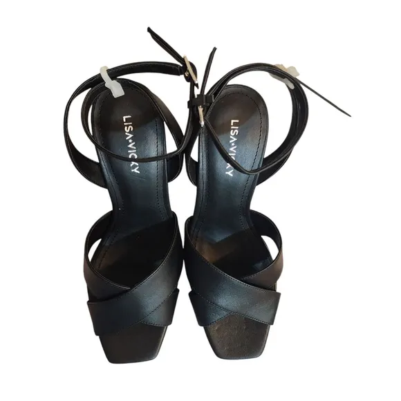Lisa Vicky Black Leather Platform Strappy Heels Size 8, Nordstrom. New in Box