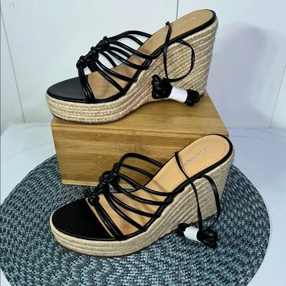 Lisa Vicky Gaze-V Black Platform Wedge Espadrille Sandals (JS8-9)