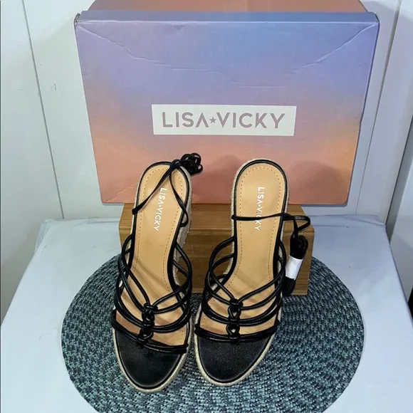 Lisa Vicky Gaze-V Black Platform Wedge Espadrille Sandals (JS8-9)