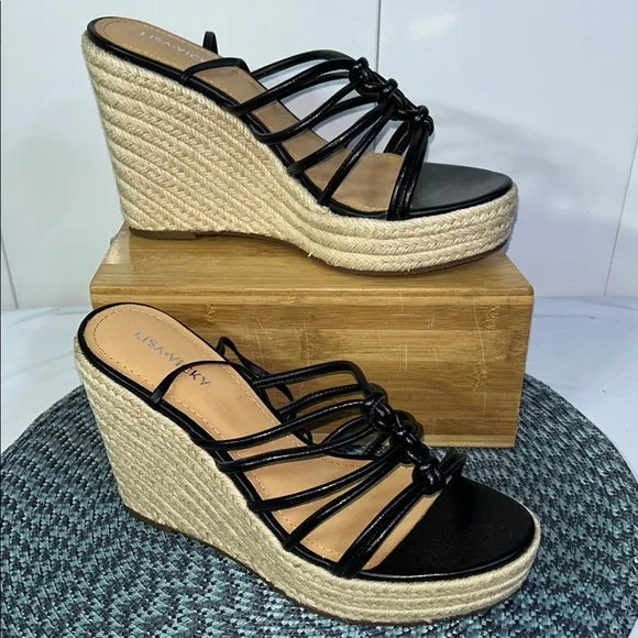 Lisa Vicky Gaze-V Black Platform Wedge Espadrille Sandals (JS8-9)