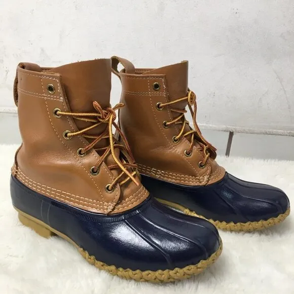 L.L. Bean Boots Men's Duck Boots Lace up Size 8 Leather Brown and Blue