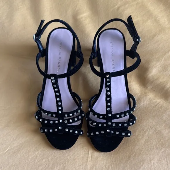 Loeffler Randall Black Velvet and Rhinestone Strappy Heels size 6