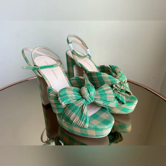 Loeffler Randall Natalia Pleated Plaid Platform Sandals Women's Green Size 7 NEW