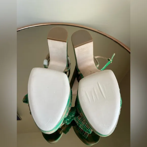 Loeffler Randall Natalia Pleated Plaid Platform Sandals Women's Green Size 7 NEW