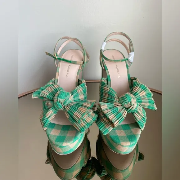 Loeffler Randall Natalia Pleated Plaid Platform Sandals Women's Green Size 7 NEW