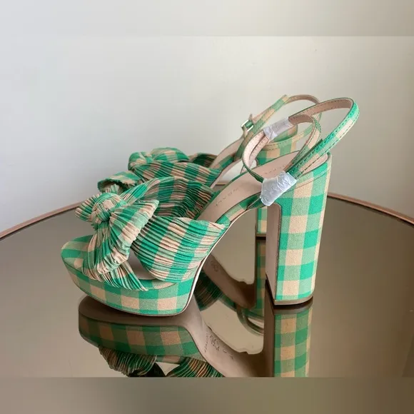 Loeffler Randall Natalia Pleated Plaid Platform Sandals Women's Green Size 7 NEW