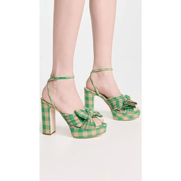 Loeffler Randall Natalia Pleated Plaid Platform Sandals Women's Green Size 7 NEW