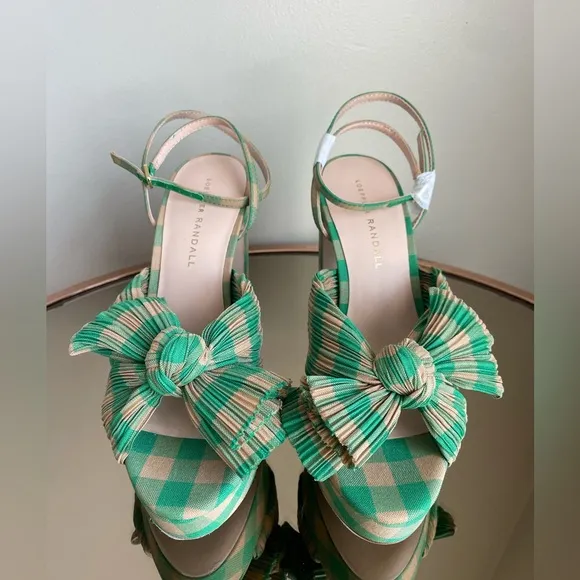 Loeffler Randall Natalia Pleated Plaid Platform Sandals Women's Green Size 7 NEW