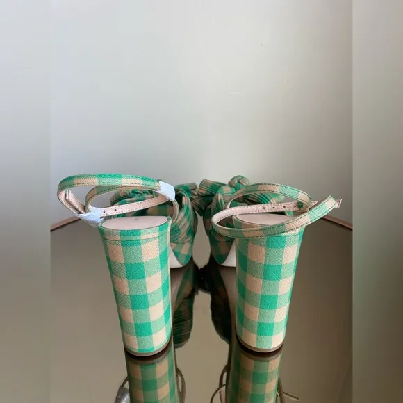Loeffler Randall Natalia Pleated Plaid Platform Sandals Women's Green Size 7 NEW
