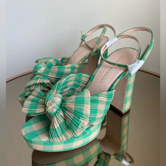 Loeffler Randall Natalia Pleated Plaid Platform Sandals Women's Green Size 7 NEW