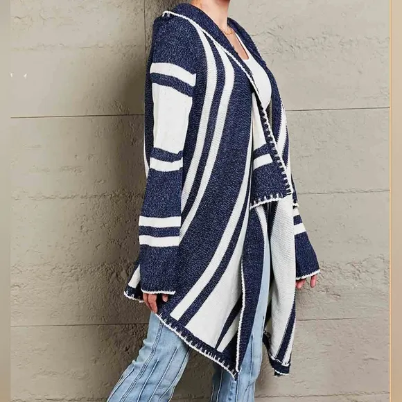 Long Hooded Oversized Knit Open Front Drape Cardigan Handkerchief Bohemian Chic
