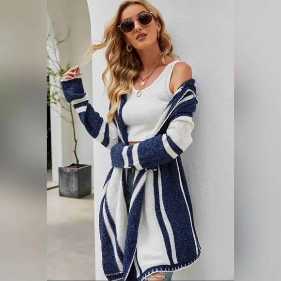 Long Hooded Oversized Knit Open Front Drape Cardigan Handkerchief Bohemian Chic