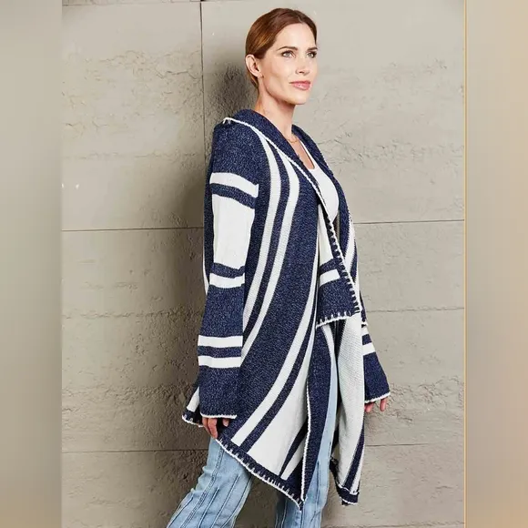 Long Hooded Oversized Knit Open Front Drape Cardigan Handkerchief Bohemian Chic