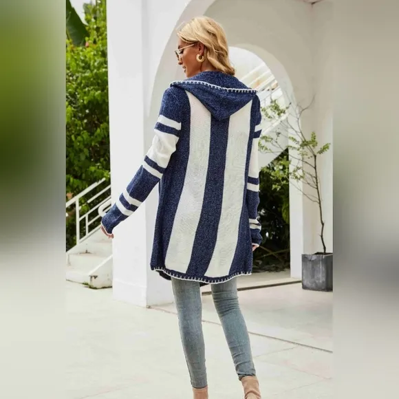 Long Hooded Oversized Knit Open Front Drape Cardigan Handkerchief Bohemian Chic