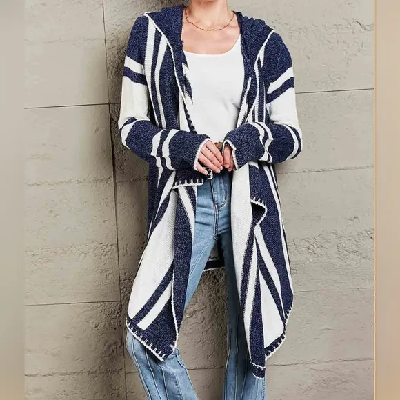 Long Hooded Oversized Knit Open Front Drape Cardigan Handkerchief Bohemian Chic