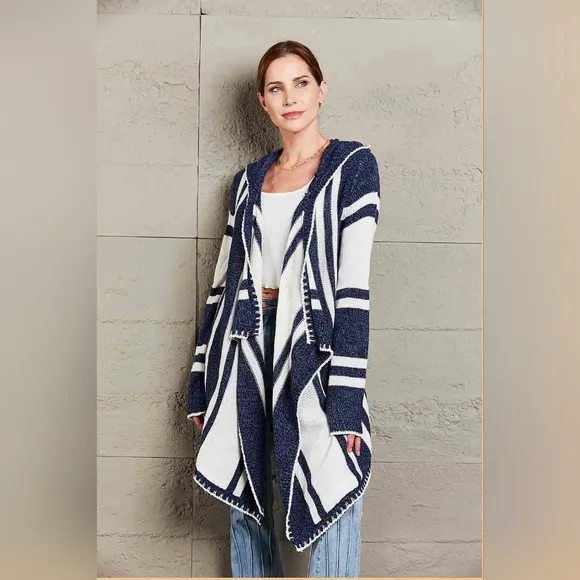 Long Hooded Oversized Knit Open Front Drape Cardigan Handkerchief Bohemian Chic