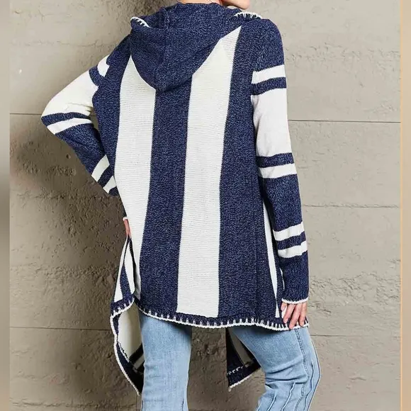 Long Hooded Oversized Knit Open Front Drape Cardigan Handkerchief Bohemian Chic