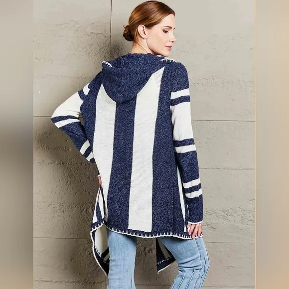 Long Hooded Oversized Knit Open Front Drape Cardigan Handkerchief Bohemian Chic