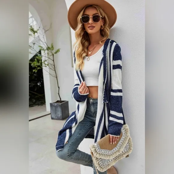 Long Hooded Oversized Knit Open Front Drape Cardigan Handkerchief Bohemian Chic