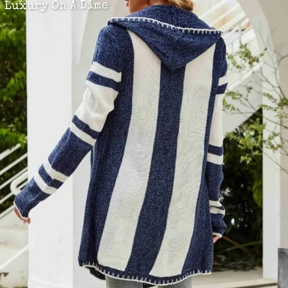 Long Hooded Oversized Knit Open Front Drape Cardigan Handkerchief Bohemian Chic