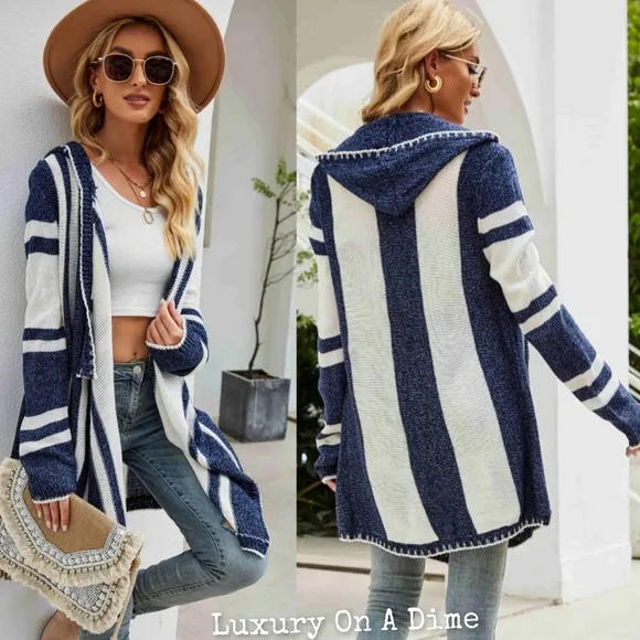 Long Hooded Oversized Knit Open Front Drape Cardigan Handkerchief Bohemian Chic
