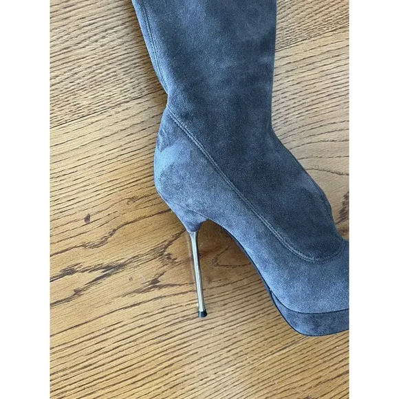 LORIBLU Italy Over The Knee Suede Leather Gray Boots Laser Cut Outs 38 7.5