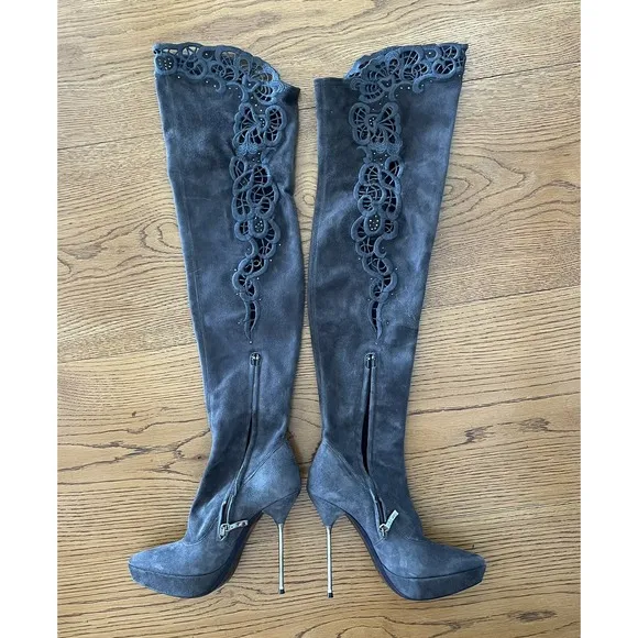 LORIBLU Italy Over The Knee Suede Leather Gray Boots Laser Cut Outs 38 7.5