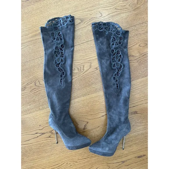LORIBLU Italy Over The Knee Suede Leather Gray Boots Laser Cut Outs 38 7.5