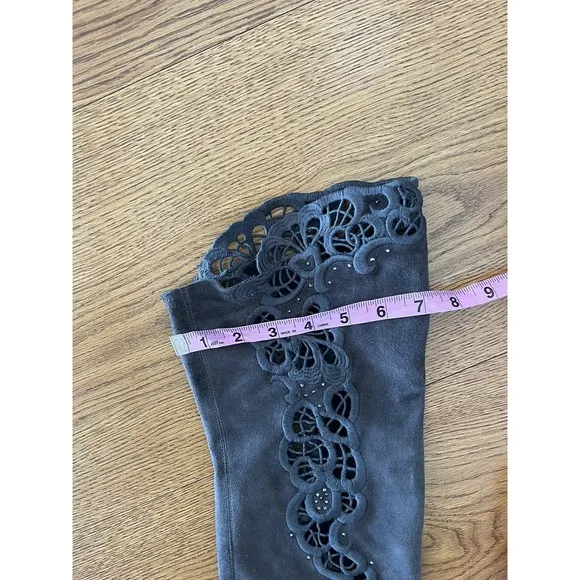 LORIBLU Italy Over The Knee Suede Leather Gray Boots Laser Cut Outs 38 7.5