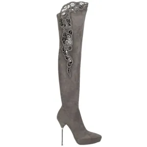 LORIBLU Italy Over The Knee Suede Leather Gray Boots Laser Cut Outs 38 7.5
