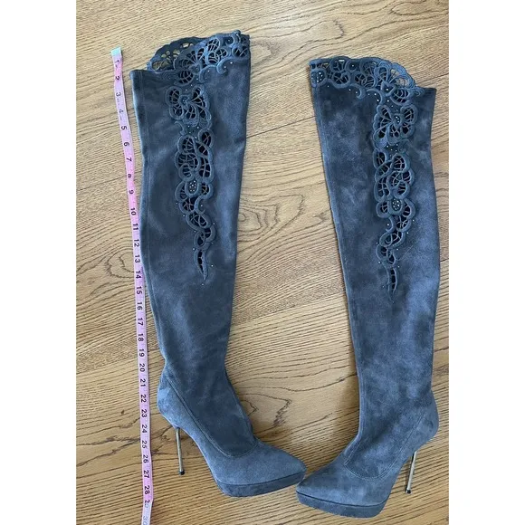 LORIBLU Italy Over The Knee Suede Leather Gray Boots Laser Cut Outs 38 7.5