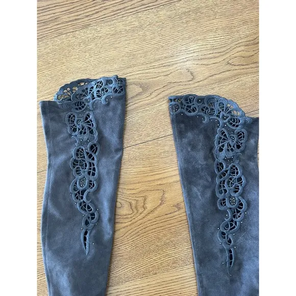 LORIBLU Italy Over The Knee Suede Leather Gray Boots Laser Cut Outs 38 7.5