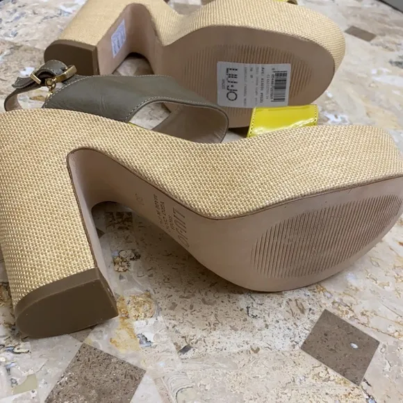 Lou-Jo - 4 1/2” platform sandals. Fabric platform, leather upper. Made i…