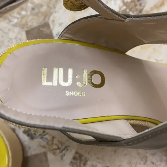 Lou-Jo - 4 1/2” platform sandals. Fabric platform, leather upper. Made i…