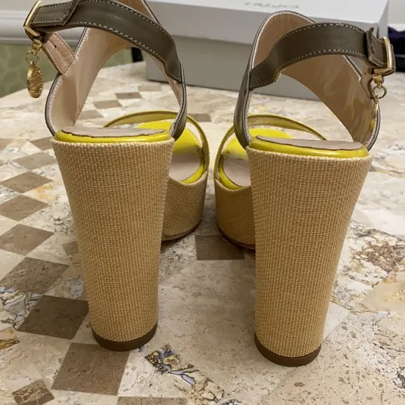 Lou-Jo - 4 1/2” platform sandals. Fabric platform, leather upper. Made i…