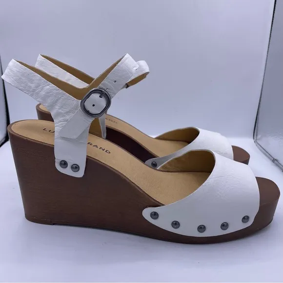 LUCKY BRAND leather platform wedge sandals women Size 9 white/brown- New