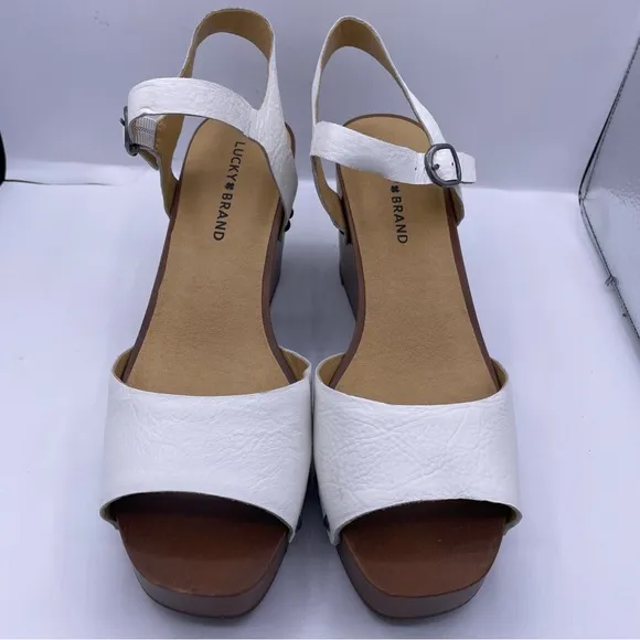 LUCKY BRAND leather platform wedge sandals women Size 9 white/brown- New