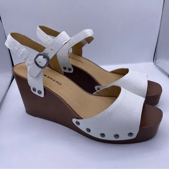 LUCKY BRAND leather platform wedge sandals women Size 9 white/brown- New