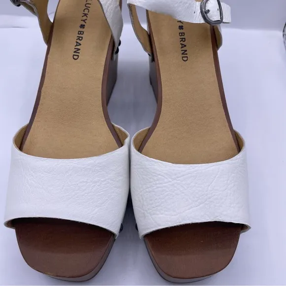 LUCKY BRAND leather platform wedge sandals women Size 9 white/brown- New