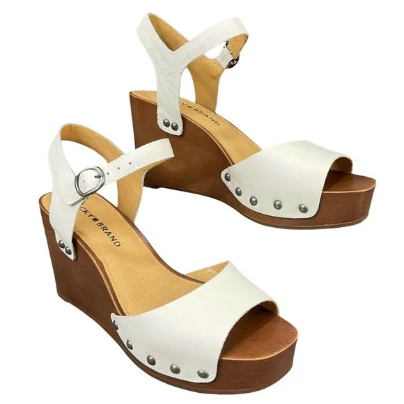 Lucky Brand Shoes Womens Sz 6 Zashti White Angora Vegan Leather Wedge Sandal New