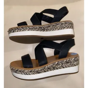 Lucky Brand Women's Wedge Black White Tan Platform‎ Sandals Size 7.5