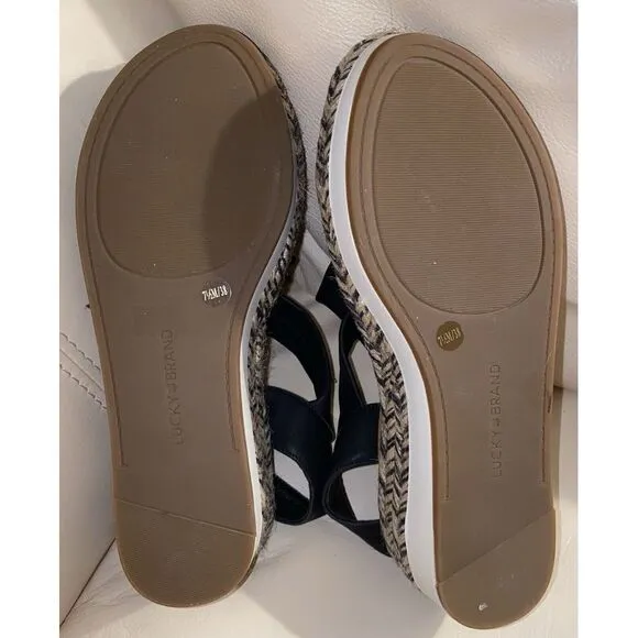 Lucky Brand Women's Wedge Black White Tan Platform‎ Sandals Size 7.5